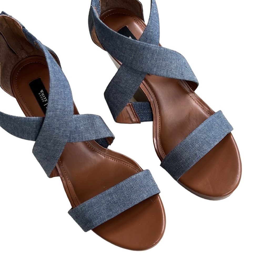White House Black Market Blue Denim Crisscross Wedge Sandals - Picture 4 of 8